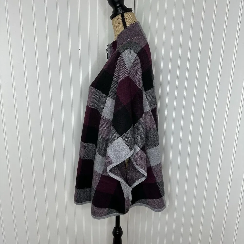 Tahari Plaid Zip Up Poncho Sweater Sz L XL Fall Stadium Game Layer Preppy Travel